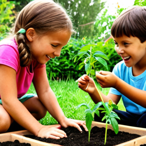 Home 4 **
A vibrant scene of children actively engaged in a hands-on learning environment. They are planting seeds in a garden, their faces beaming with curiosity and excitement. The garden is lush and colorful, symbolizing the growth of knowledge through experience. The setting emphasizes active learning, real-world experiences, and collaborative teamwork, contrasting with a traditional, passive classroom setting in the background.
**